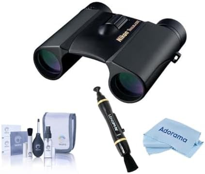 Compact roof prism binoculars with cleaning kit